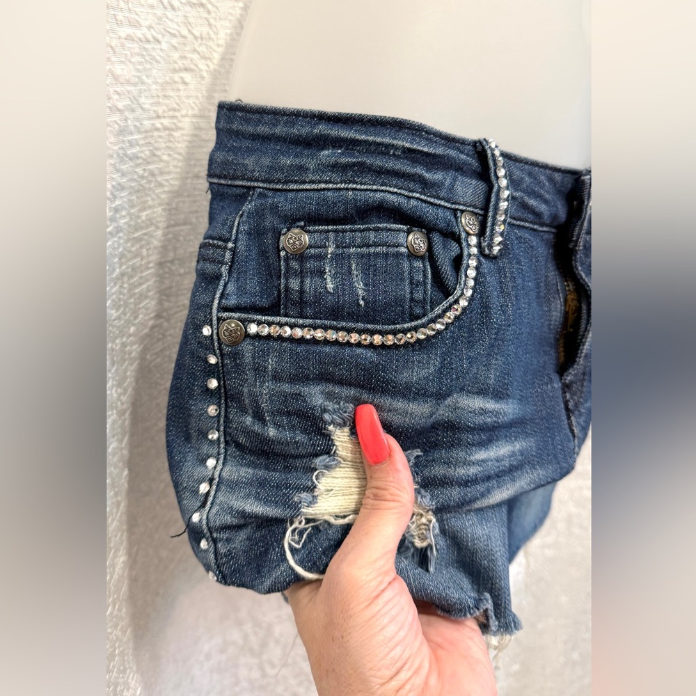 A7 Rhinestone Bling Denim Mini Skirt M Destroyed Ripped 7 For All Mankind - Picture 6 of 14